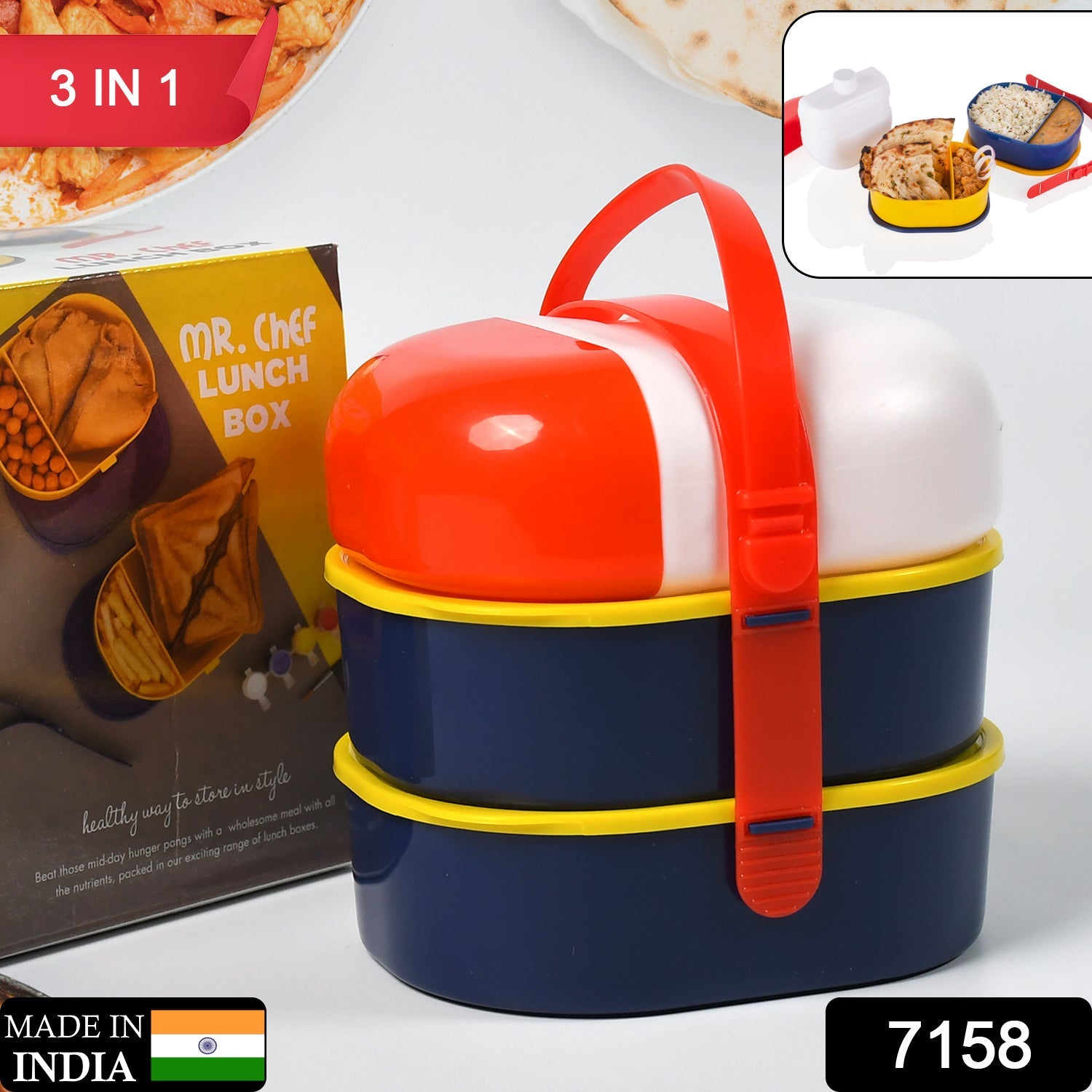 7158 Mr. Chef Smart Lunch Box Capsule shape strap-on lunch box with water bottle and handle DeoDap 7158 Mr. Chef Smart Lunch Box Capsule shape strap-on lunch box with water bottle and handle DeoDap